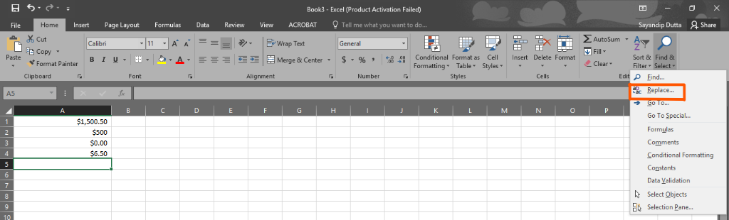 Book3-Excel (Product Activation Failed) Insert Page Layout Formulas Data Review View ACROBATTell me what you want to do Sayan