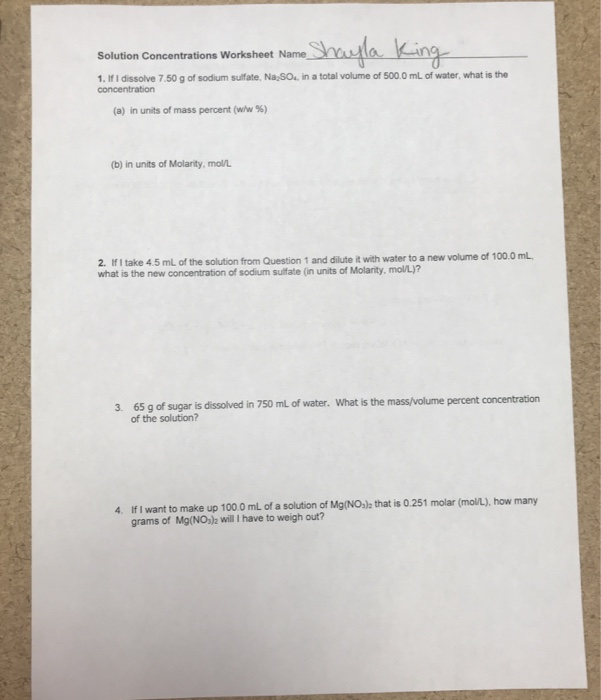 Solution Concentrations Worksheet Namesla 1 If I Chegg Com