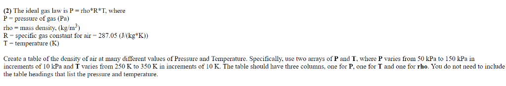 (2) The ideal gas law is P-rho RT, where P-pressure of gas (Pa rho-mass density, (kg/m) R- specific gas constant for air 287.