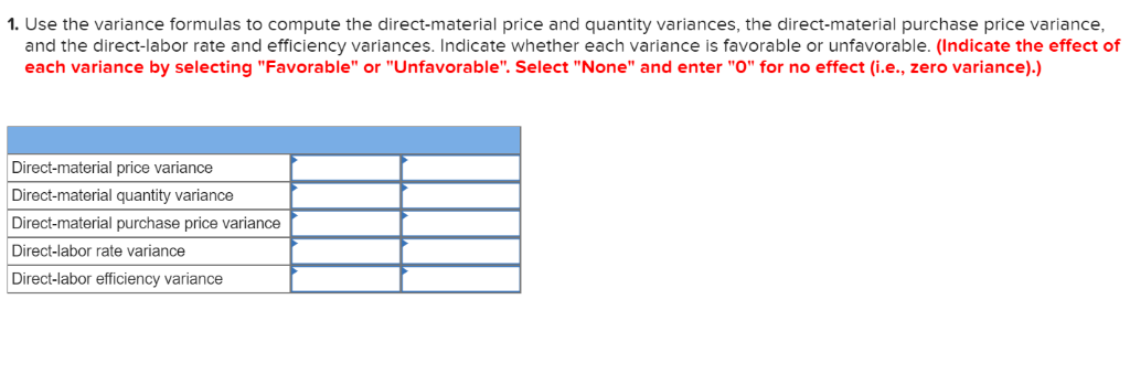 1. Use the variance formulas to compute the direct-material price and quantity variances, the direct-material purchase price