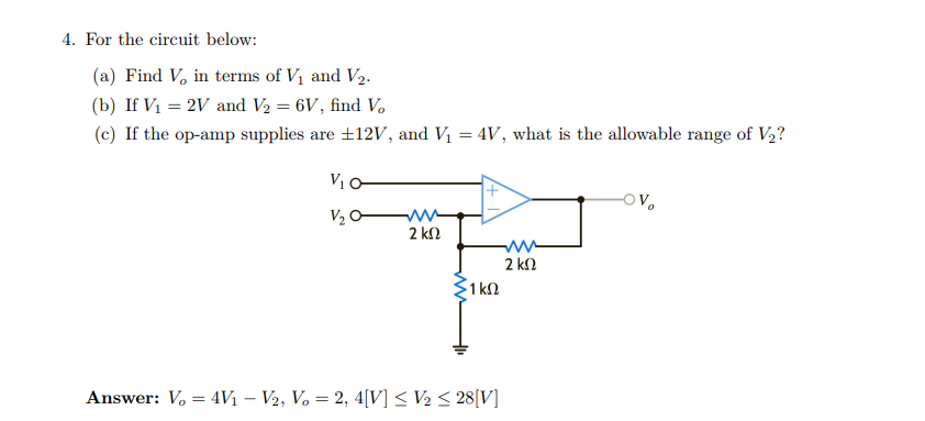 Solved For The Circuit Below A Find Vo In Terms Of V1 Chegg Com