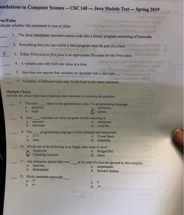 Solved Undations Computer Science Csc 140 Java Module Test Spring 19 Ue False Dicate Whether St Q