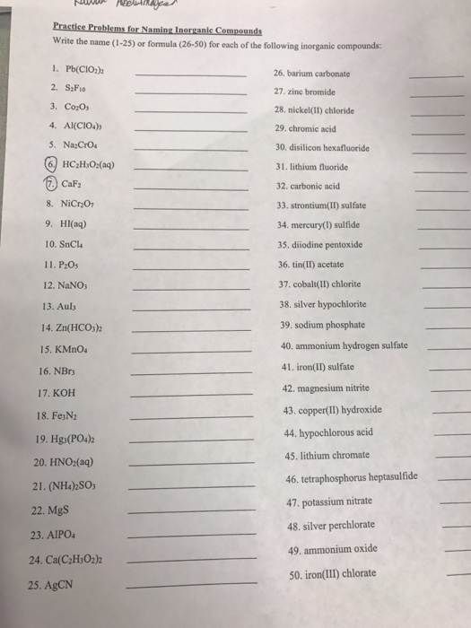 Solved Practice Problems For Naming Inorganic Compounds W Chegg Com