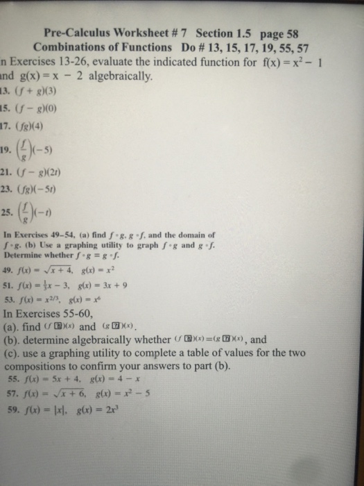 Solved Pre Calculus Worksheet 7 Section 1 5 Page 58 Com Chegg Com