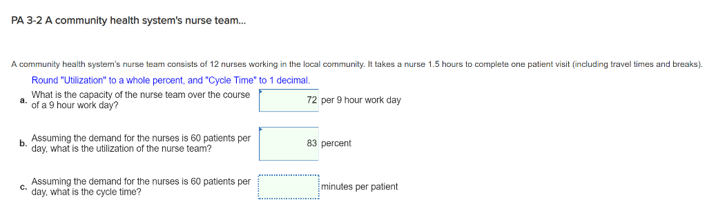 PA 3-2 A community health systems nurse team... A community health systems nurse team consists of 12 nurses working in the local community. It takes a nurse 1.5 hours to complete one patient visit (including travel times and breaks). Round Utilization to a whole percent, and Cycle Time to 1 decimal What is the capacity of the nurse team over the course 72 per 9 hour work day of a 9 hour work day? Assuming the demand for the nurses is 60 patients per day, what is the utilization of the nurse team? 83 percent Assuming the demand for the nurses is 60 patients per day, what is the cycle time? minutes per patient