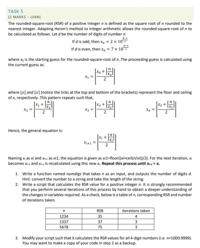 Solved Task 5 12 Marks L06n The Rounded Square Root Rs