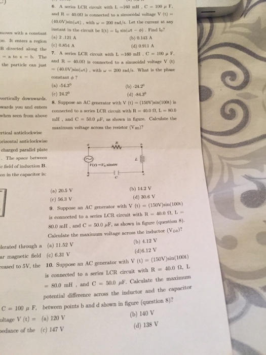 Solved 6 Aseries Lcr Circuit With L 160 Mh C 100 M F Chegg Com