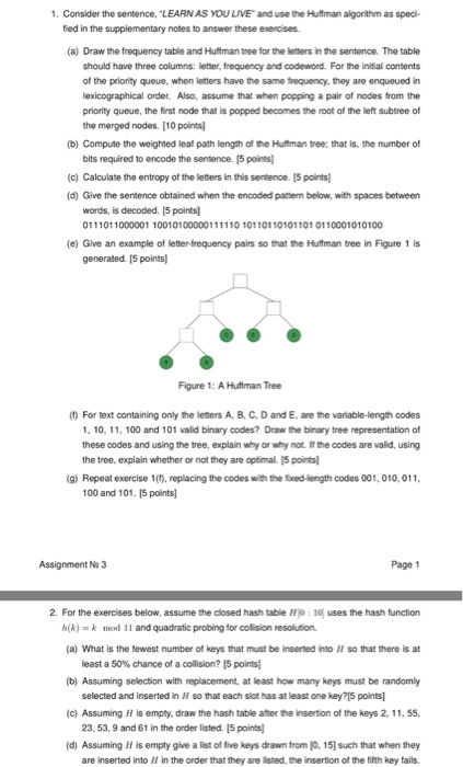 1. Consider the sentence, LEARN AS YOU LIVE and use the Huffman algorithm as speci- fied in the supplementary notes to answer these exercises (a) Draw the frequency table and Hultman tree for the leers in the sentence. The table should have three columns: letser, frequency and codeword. For the initial contents of the priority queue, when letters have the same frequency, they are enqueued in lexicographical order. Also, assume that when popping a pair of nodes from the priority queue, the first node that is popped becomes the root of the left subtree of the merged nodes. 

<div class=