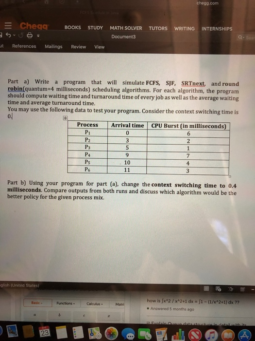 chegg.com Cheqq. BOOKS STUDY MATH SOLVER TUTORS WRITING INTERNSHIPS Document3 t References Mailings Review View Part a) Write