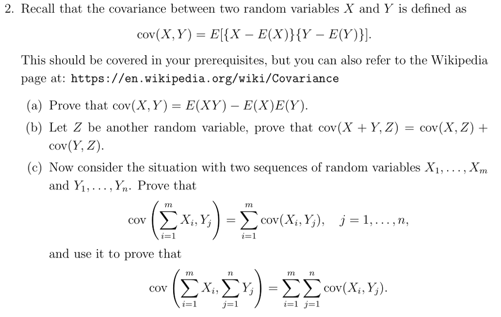 Solved 2 Recall That The Covariance Between Two Random V Chegg Com