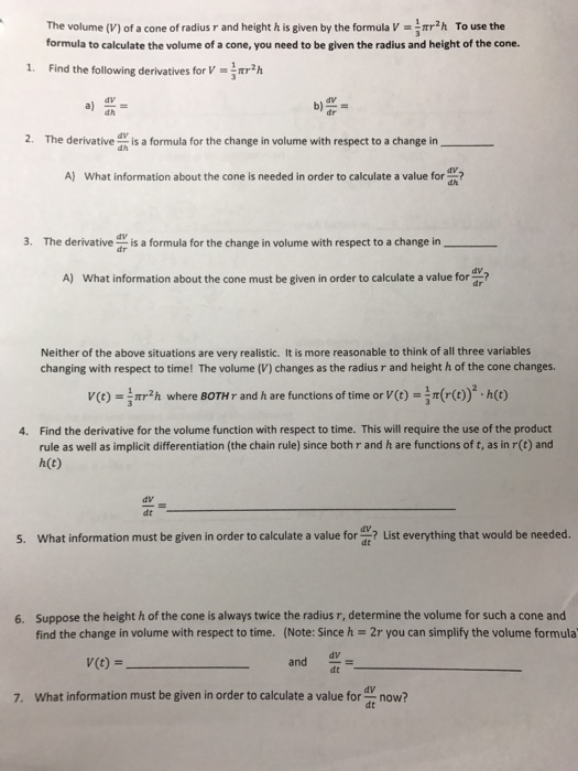 Solved The Volume V Of A Cone Of Radius R And Height A Chegg Com