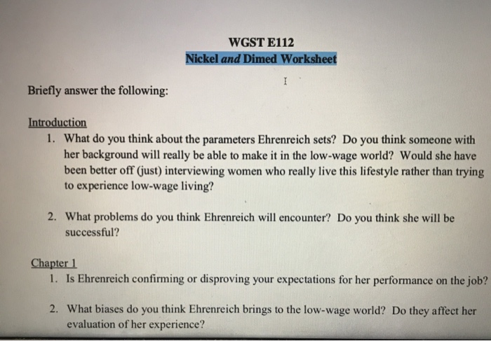 Wgst E112 Nickel And Dimed Worksheet Briefly Answer Chegg 