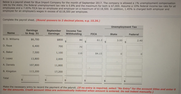 Below is a payroll sheet for Blue import Company for the month of September 2017. The company is allowed a 1% unemployment compensation I rate by the state, the federal unemployment tax rate is 0.8% and the maximum for both is $7,000. Assume a 10% federal income tax rate for all employees and a 7.65% FICA tax on employee and employer on a maximum of $118,500. In addition, 1.45% is charged both employer and employee for an employees wages in excess of $118,500 per employee. Complete the payroll sheet. (Round answers to 2 decimal places,e.g. 15.26) Unemployment Tax Earnings September Income Tax Earnings Name to Aug. 31 $6,700 6,400 7,500 13,800 107,800 113,200 Withholding FICA State Federal B. D. Williams D. Raye K. Baker F. Lopez A. Daniels B. Kingston Total $800 700 1,100 2,000 11,800 17,200 80 61.2 3.00 2.40 70 110 84.15 Make the necessary entry to record the payment of the payroll. (If no entry is required, select No Entry for the account titles and enter o for the amounts. Credit account titles are automatically indented when amount is entered. Do not indent manually.)