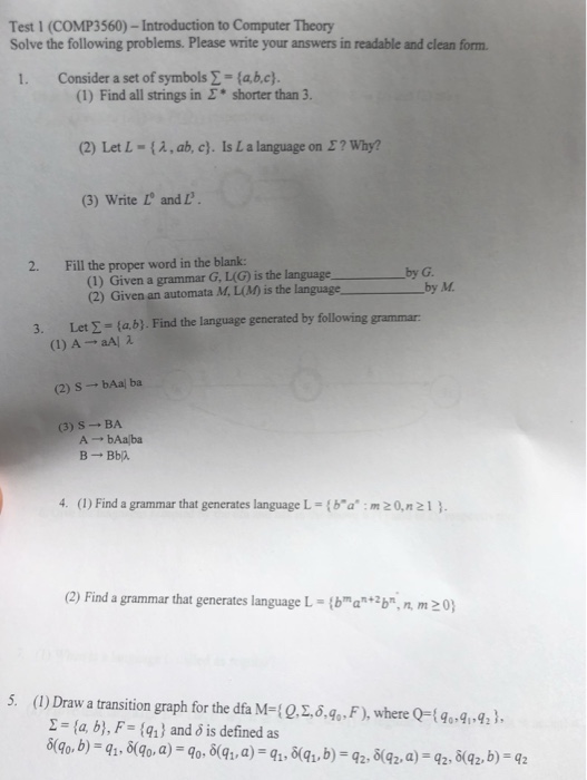 Test 1 Comp3560 Introduction To Computer Theory Chegg Com