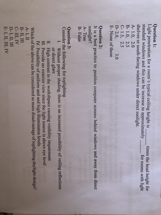 Solved Question 1 Light Penetration For A Room S Typical