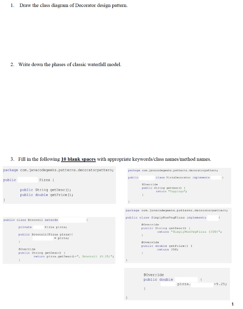 Solved 1 Draw The Class Diagram Of Decorator Design Patt