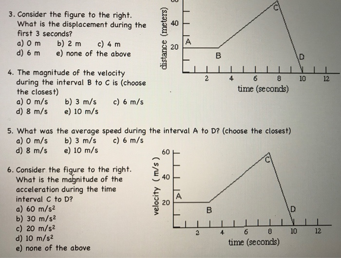 3. Consider the figure to the right. What is the displacement during the 40 first 3 seconds? a) Om b)2 m c) 4 m d) 6 m e) none of the above 20 4. The magnitude of the velocity 2 4 6 8 10 12 time (seconds) during the interval B to C is (choose the closest) a) O m/s b) 3 m/s c) 6 m/s d) 8 m/s e) 10 m/s 5. What was the average speed during the interval A to D? (choose the closest) b) 3 m/s e) 10 

<div class=