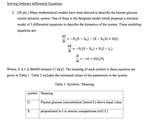 Solving Ordinary differential Equations 2. (20 pts.) Many mathematical models have been derived to describe the human-glucose