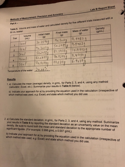 Solved Lab B Report Sheet S Of Measurement Precision And Chegg Com