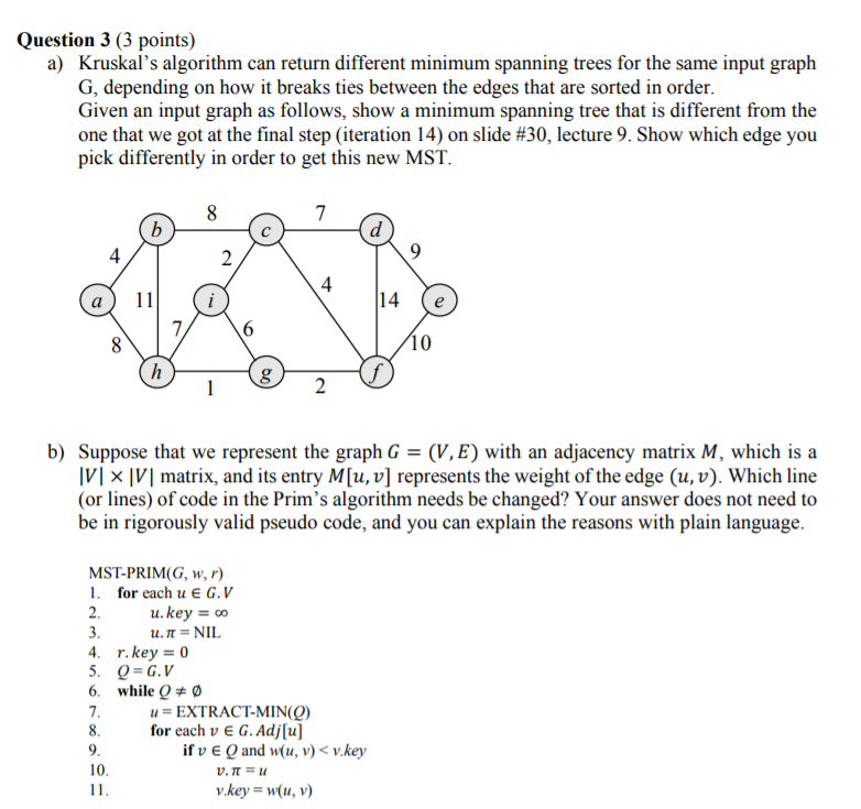 Solved Question 3 3 Points Kruskal S Algorithm Return Different Minimum Spanning Trees Input Grap Q