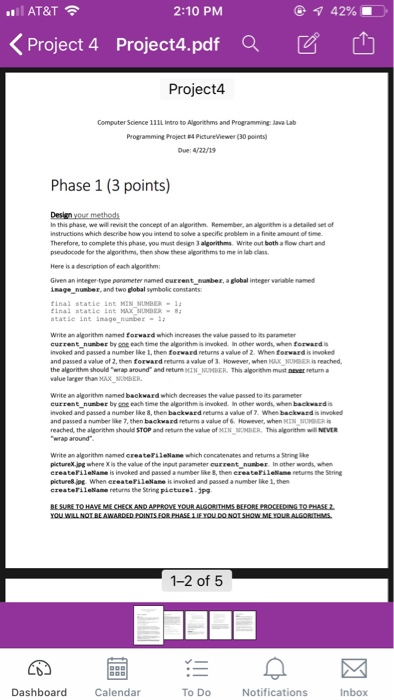 42% l AT&T 2:10 PM くProject 4 Project4.pdf aビ山 Project4 Computer Science 111L intro to Algorithms and Programming:ava Lab Pro