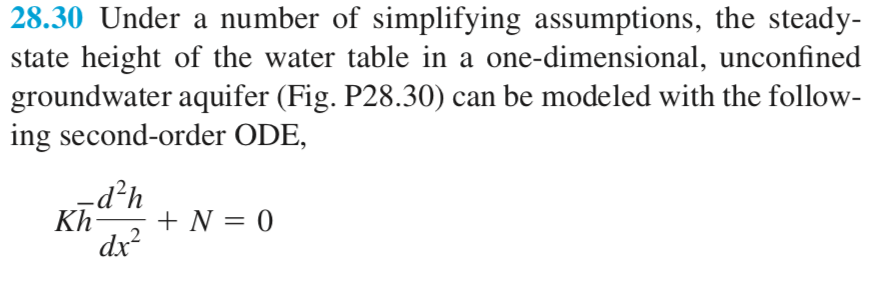 28.30 Under a number of simplifying assumptions, the steady state height of the water table in a one-dimensional, unconfined