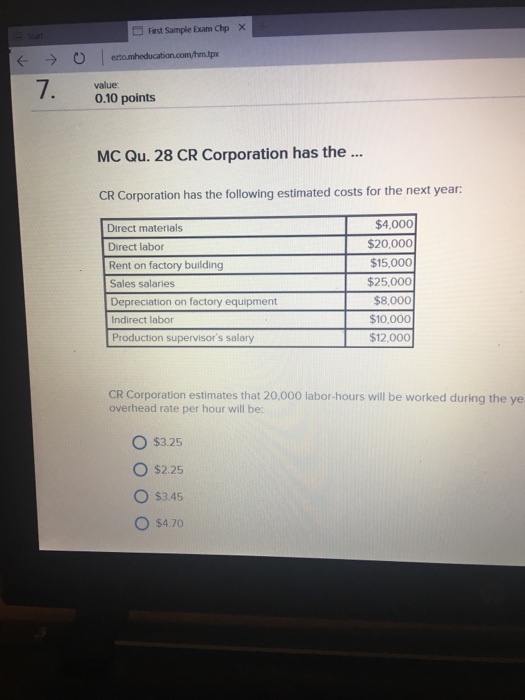 Solved: × First Sample Exam Chp 7. Value: 0.10 Points MC Q... | Chegg.com