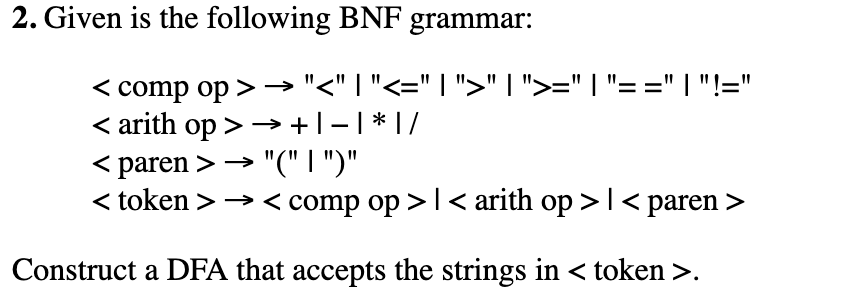 2. Given is the following BNF grammar: < comp op > < I <- I ל I >- I -- I - -> arith op 〉 → + 1-1 * 1/