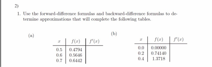 2) 1. Use the forward-difference formulas and backward-difference formulas to de- termine approximations that will complete the following tables. 0.5 0.4794 0.6 0.5646 0.7 0.6442 fr)r) 0.0.00000 0.2 0.74140 0.4 1.3718