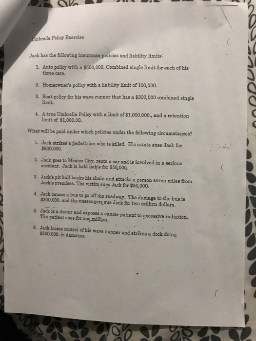 Mbrella Policy Exercise Jack Has The Following Ins Chegg Com