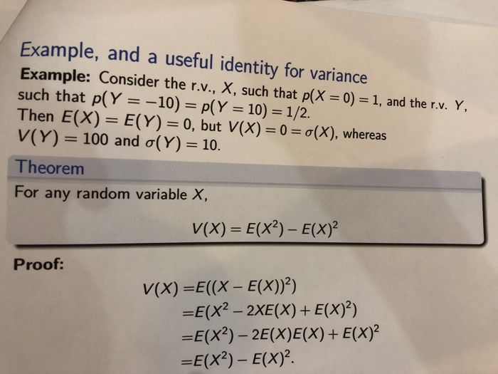 Solved Example And A Useful Identity For Variance Example Chegg Com