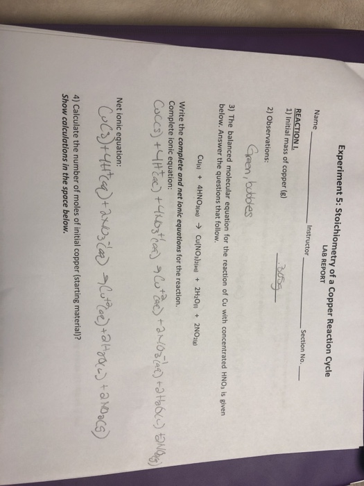 Solved Experiment 5 Stoichiometry Of A Copper Reaction Chegg Com