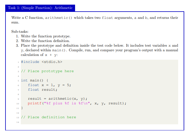 Solved Task 1 Simple Function Arithmetic Write C Function Arithmetic Takes Two Float Arguments B Q