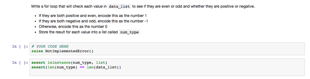 Write a for loop that will check each value in data_list to see if they are even or odd and whether they are positive or nega