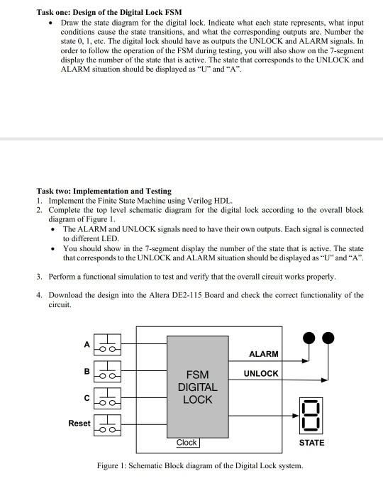 Task one: Design of the Digital Lock FSM Draw the state diagram for the digital lock. Indicate what each state represents, wh