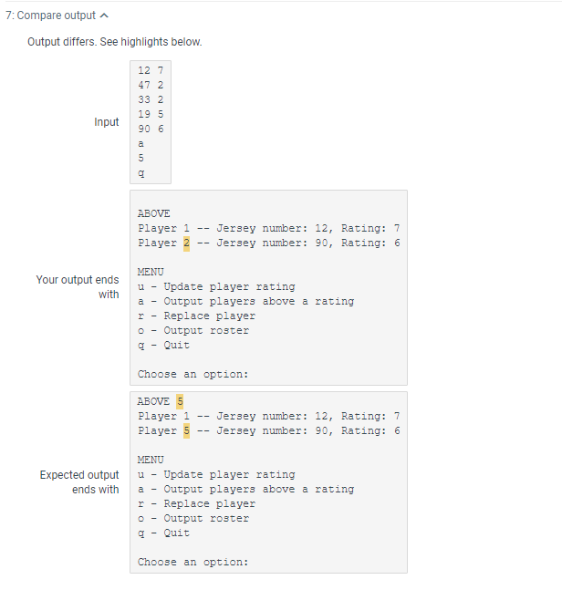 7:Compare output Output differs. See highlights below 12 7 47 2 33 2 19 5 nput 90 6 ABOVE Player 1 Jersey number: 12, Rating: