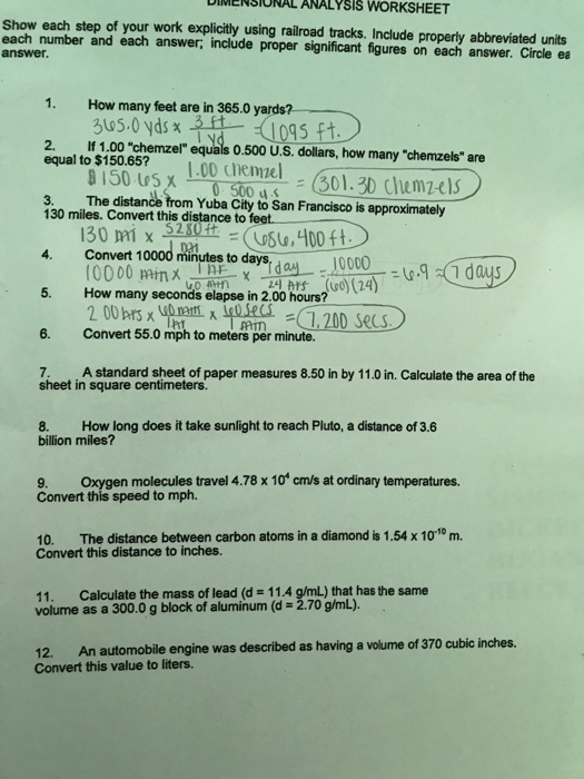 Solved Dimensional Analysis Worksheet Show Each Step Of Your Chegg Com