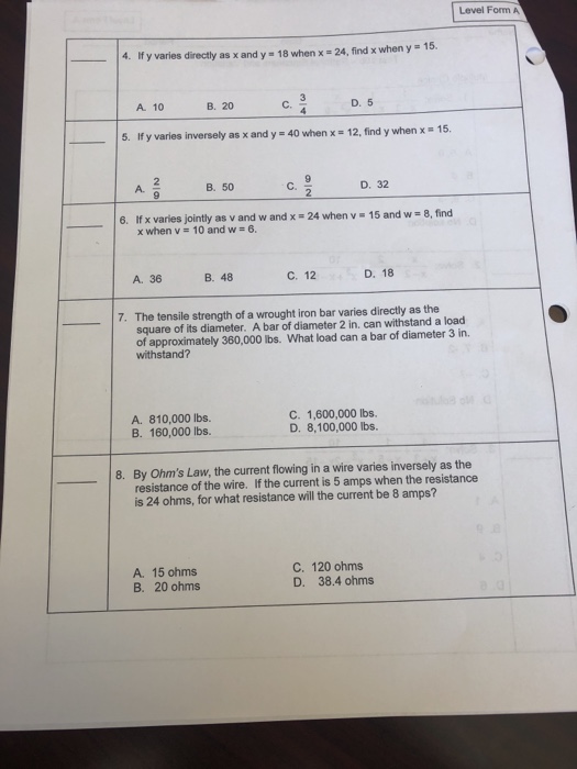 Solved Level Form A 15 14 If Y Varies Directly As X And Chegg Com