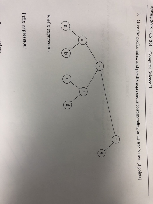 Spring 2019 CS 291 Computer Science II 3. Give the prefix, infix, and postfix expressions corresponding to the tree below: 13