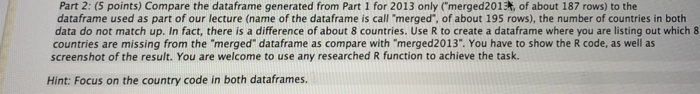 Part 2: (5 points) Compare the dataframe generated from Part 1 for 2013 only (merged201尧of about 187 rows) to the dataframe