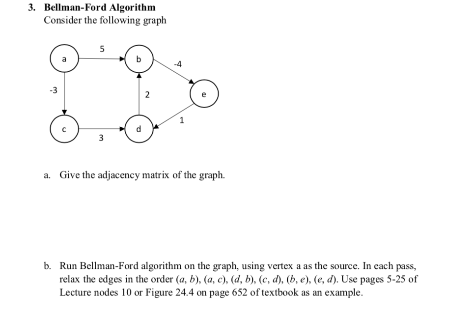 3. Bellman-Ford Algorithm Consider the following graph -4 Give the adjacency matrix of the graph. a. Run Bellman-Ford algorit