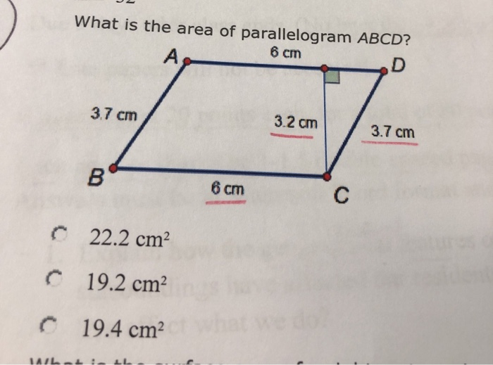 Solved What is the area of parallelogram ABCD? 6 cm 3.2 cm | Chegg.com