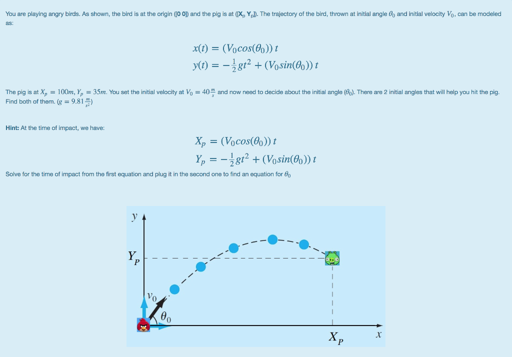 You are playing angry birds. As shown, the bird is at the origin (IO O) and the pig is at (XY). The trajectory of the bird, t
