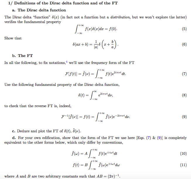 Solved 1 Definitions Of The Dirac Delta Function And Of Chegg Com