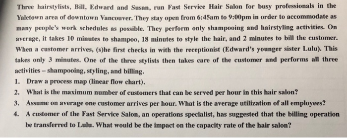 Three hairstylists, Bill, Edward and Susan, run Fast Service Hair Salon for busy professionals in the Yaletown area of downto