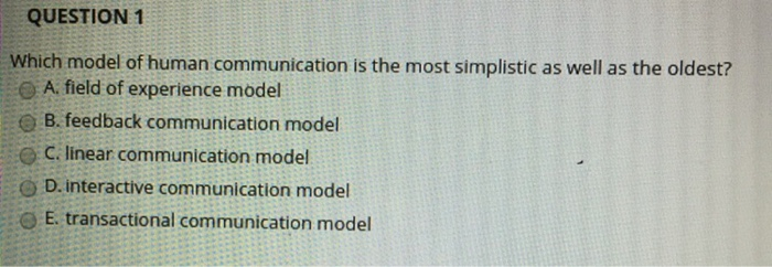 QUESTION 1 Which model of human communication is the most simplistic as well as the oldest? @ A field of experience model e B. feedback communication model C. linear communication model D.interactive communication model E. transactional communication model