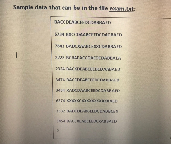 Sample data that can be in the file exam.txt: BACCDEABCEEDCDABBAED 6734 BXCCDAABCEEDCDACBAED 7843 BADCXAABCEXXCDABBAED 2223 BCBAEACCDAEDCDABBAEA 2324 BACXDEABCEEDCDAABAED 3474 BACCDEABCEEDCDABBAED 3434 XADCDAABCEEDCDABBAED 6374 XXXXXCXXXXXXXXXXXAED 3332 BADCDEABCEEDCDADBCEX 3454 BAC C XEABCEEDCXABBAED 0