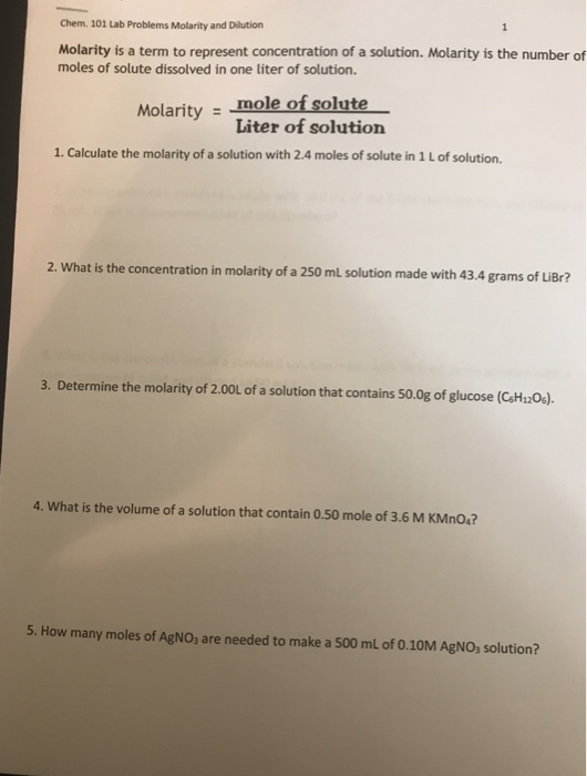 Solved Chem 101 Lab Problems Molarity And Dilution Molar Chegg Com