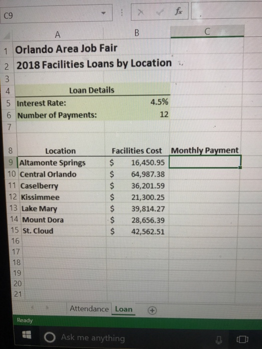 C9 1 orlando area job fair 2 2018 facilities loans by location loan details 4 5 interest rate: number of payments: 45% 12 6 location monthly payment facilities cost 9 altamonte springss16,450.95 s64,987.38 s 36,201.59 $21,300.25 $39,814.27 $28,656.39 $42,562.51 10 central orlando 11 caselberry 12 kissimmee 13 lake mary 14 mount dora 15 st. cloud 16 17 18 19 20 21 attendance loan ? ready ask me anything ??