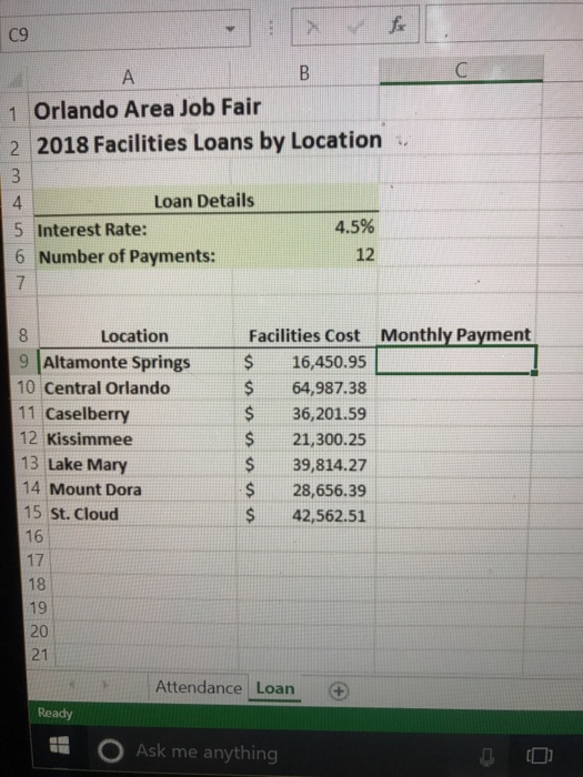 Solved On the loan worksheet, in cell C9, enter the PMT | Chegg.com